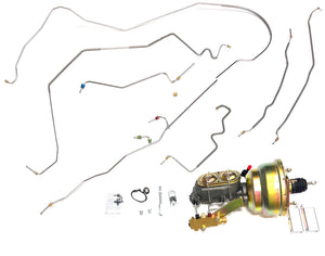 55 - 57 Full Size Chevy Car. Brake Line Kit and Gold 8" Dual Brake Booster Assembly with 1 1/8" Bore and Disc/Disc Prop Valve. Includes Stainless Full Car Brake Line Kit