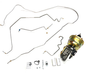 69 Camaro/Firebird Brake Line Kit and Gold 8" Dual Brake Booster Assembly with 1" Bore and Adjustable Prop Valve. Includes Stainless Front Brake Line Kit and Front to Rear Line.
