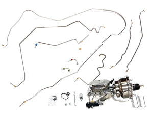 67-68 Camaro/Firebird Brake Line Kit and Chrome 8" Dual Brake Booster Assembly with 1" Bore and Disc/Drum Valve. Includes Stainless Full Car Brake Line Kit