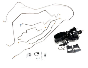 55 - 57 Full Size Chevy Car. Brake Line Kit and Black Powder Coated 8" Dual Brake Booster Assembly with 1" Bore and Adjustable Prop Valve. Includes Stainless Front Line Kit and Front to Rear Line.