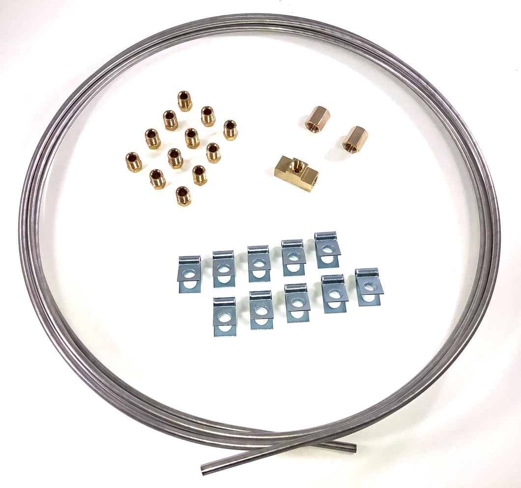 16 Ft. of 3/16 Stainless Brake Line W/ Unions, Clips, Fittings, Tee