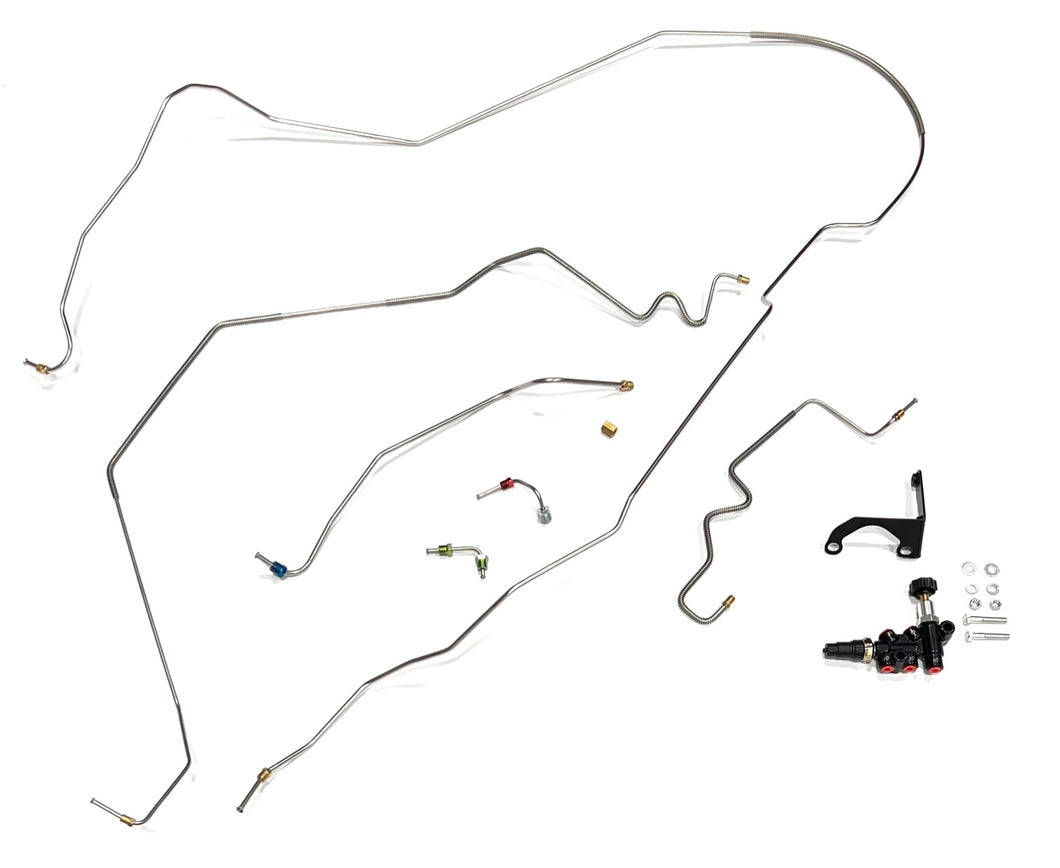 68-72 Chevelle Convertible and El Camino. Brake line kit fits only power brakes with the included adjustable 5 port valve. Includes Front Line Kit, Front to Rear Line, Valve and Bracket
