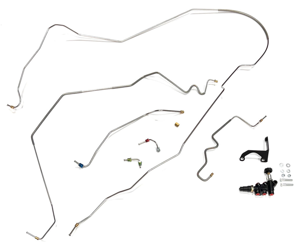 64 - 67 Chevelle Convertible and El Camino Brake line kit fits only power brakes with the included adjustable 5 port valve. Includes Front Kit, Front to Rear Line, Valve and Bracket