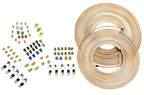 Complete 3/16 Inch & 1/4 Inch Copper Nickel Brake Line & Hardware Assortment, 50 Feet of Each 3/16 and 1/4 Tubing and Fittings, Unions, T-Blocks, Clips for both